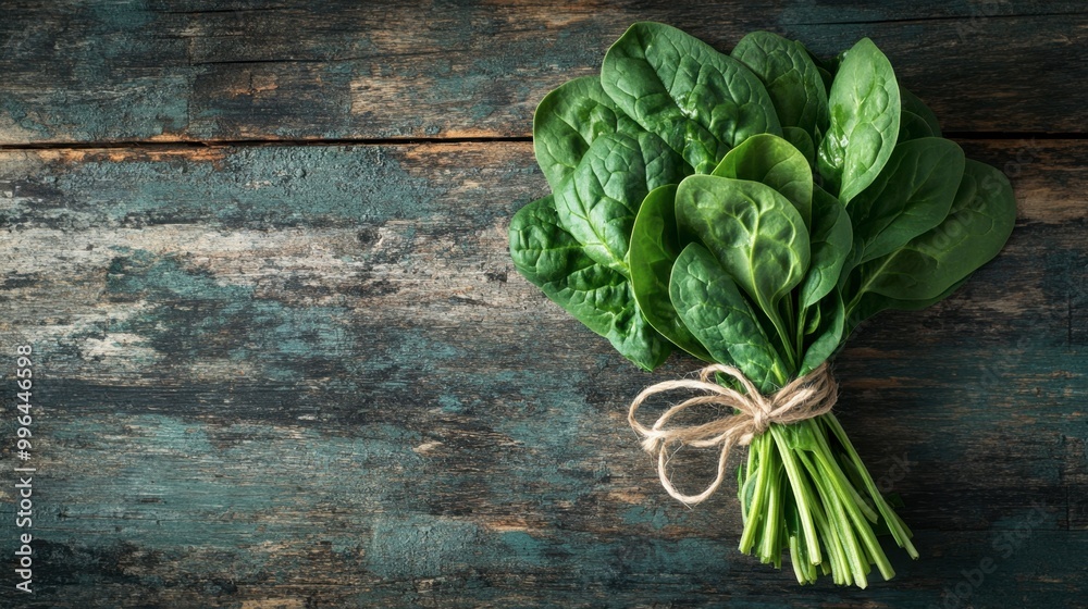 Fototapeta premium Bunch of fresh spinach leaves tied with twine on a rustic wooden background, creating a farm-to-table concept.