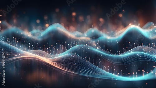 Abstract blue and orange glowing waves with digital particles on a dark background.