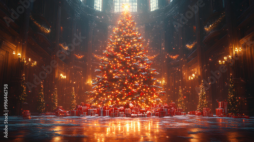 A huge Christmas tree with bright lights and presents