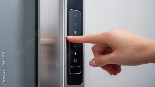 Woman's finger typing password on a digital door lock keypad using smartphone, smart device security, isolate on white background