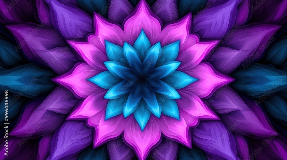 Obraz premium A vibrant fractal flower design with rich shades of blue, purple, and pink on a dark background.