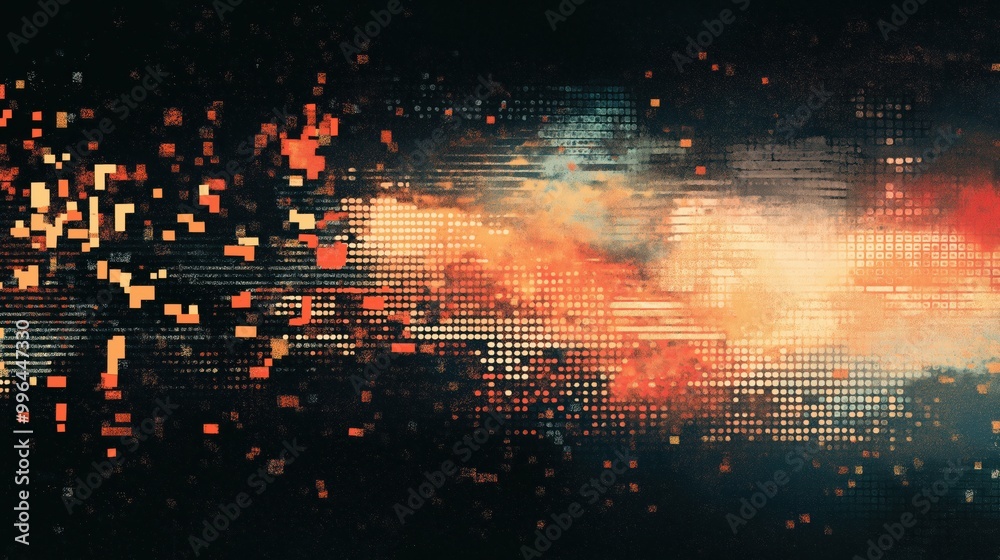 Fototapeta premium An abstract artwork with an explosion of digital pixels, blending soft and dark colors to create a dynamic scene.