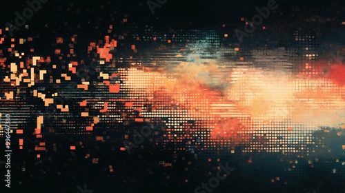 An abstract artwork with an explosion of digital pixels, blending soft and dark colors to create a dynamic scene. photo