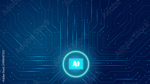 Artificial intelligence icon or AI circuit board. Abstract modern technology blue dark background. Vector illustration