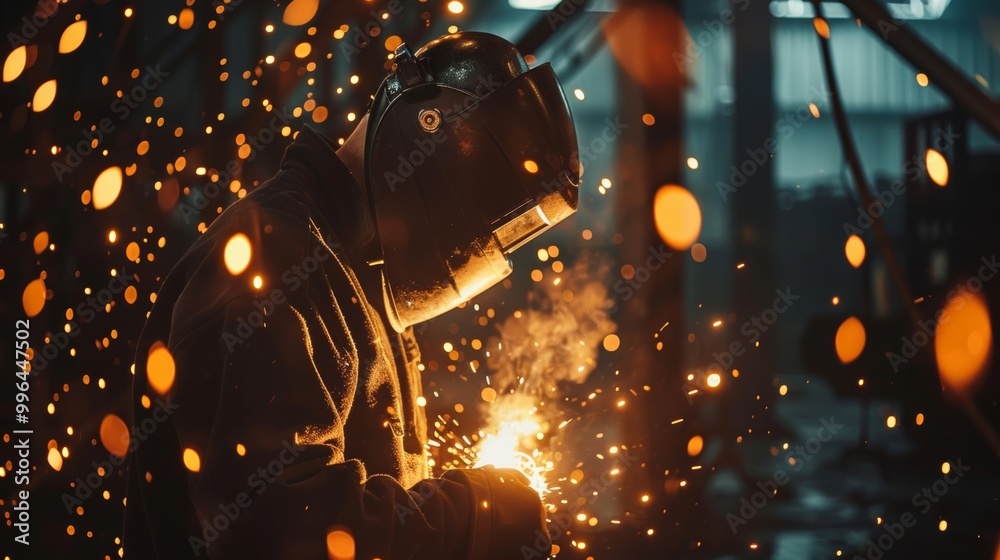 A welder works with sparks flying in a workshop, creating bright light and energy. Safety gear ensures protection while crafting metal. A welder works with sparks flying in a workshop, creating bright light and energy. Safety gear ensures protection while crafting metal.