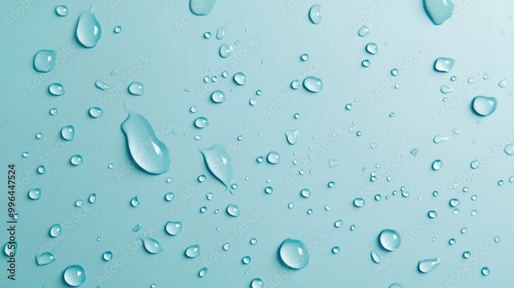 Clear water drops rest on a pastel light blue background, creating a calming, serene scene. Clear water drops rest on a pastel light blue background, creating a calming, serene scene.