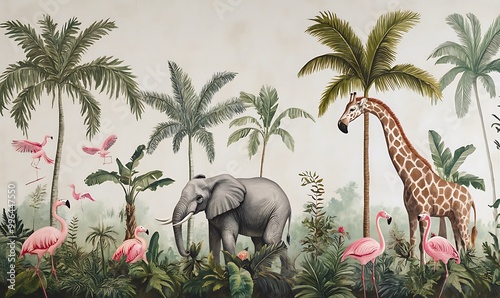 Fototapeta Naklejka Na Ścianę i Meble -  A vintage style jungle mural with an elephant, giraffe, zebra