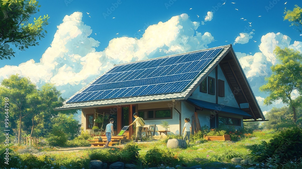 Family Installing Rooftop Solar Panels, Sustainable Energy