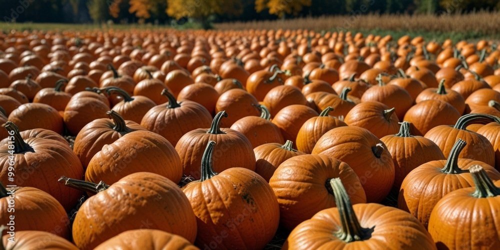 Fototapeta premium A vibrant pumpkin patch basking in golden sunlight, with scattered ripe pumpkins, lush green leaves, and a serene autumn atmosphere. AI generated.