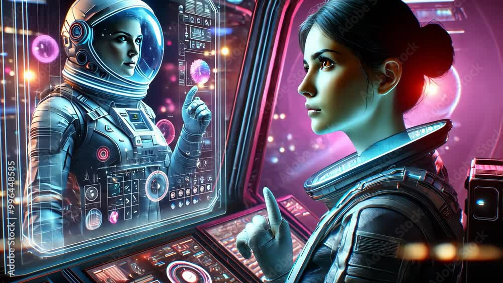 Futuristic Space Mission Astronaut Engages with AI Hologram in High ...