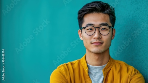 Portrait of a young Asian engineer with a determined expression on a vibrant, teal-colored background with free copy space