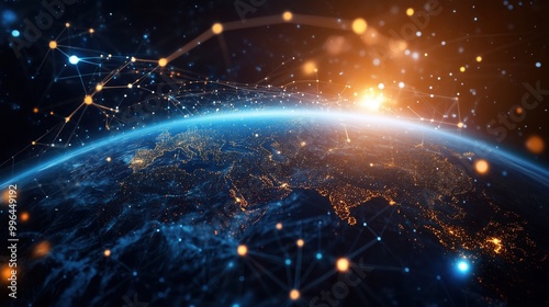 A stunning view of Earth from space showcasing global network connections with a vibrant sunrise, technological impact.