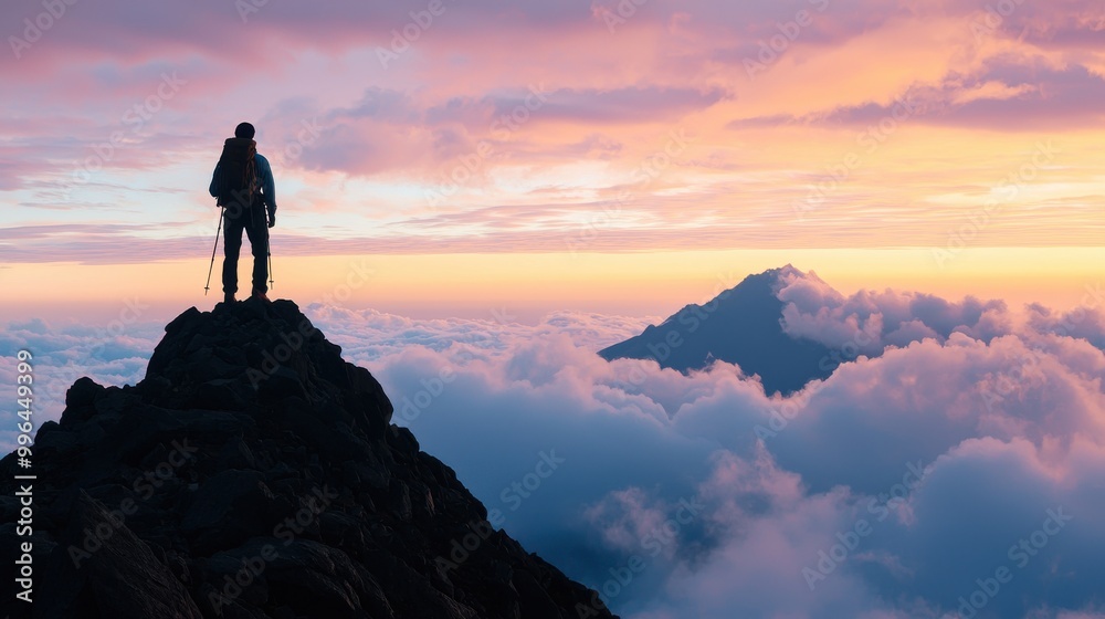 Fototapeta premium A climber stands on a peak above the clouds, bathed in sunset hues, embodying adventure and the beauty of nature.