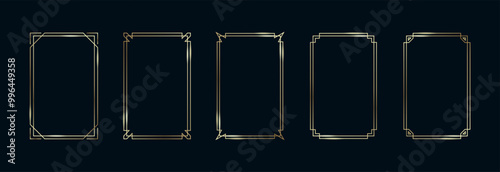 Golden Frames Set. Thin Line Gold Borders Luxury Minimalist Collection. Premium Vector Brass Outline Geometric Rectangles. Linear Decorative Banners with Black Background Isolated