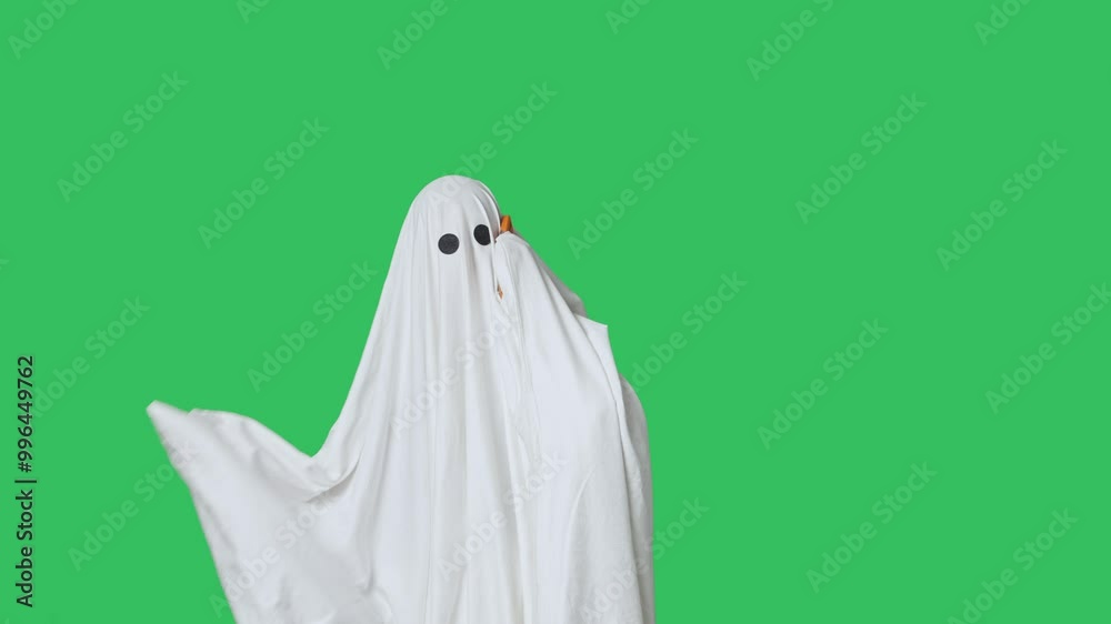 Funny halloween ghost in white sheet talking on smartphone positive expression, isolated on chroma key green screen background. Happy halloween spooky concept Funny halloween ghost in white sheet talking on smartphone positive expression, isolated on chroma key green screen background. Happy halloween spooky concept