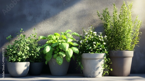 A collection of potted herbs arranged neatly against a textured wall, showcasing vibrant greenery in a sunlit setting.