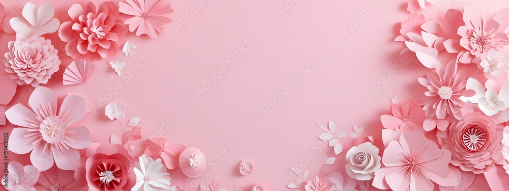 3D paper cut style, pink background with lots of pastel-colored flowers on the side, empty space for text 3D paper cut style, pink background with lots of pastel-colored flowers on the side, empty space for text