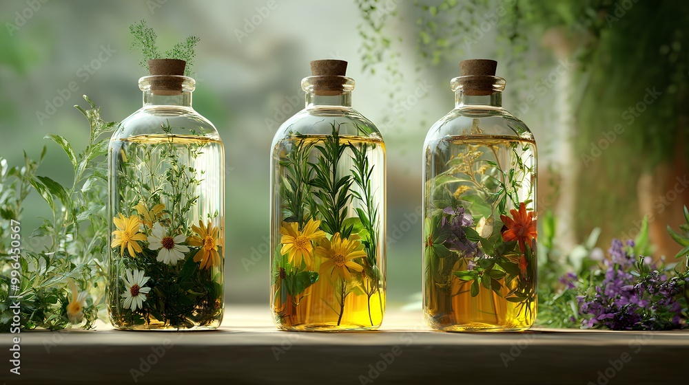 Three glass bottles filled with colorful herbs and flowers in oil, surrounded by greenery, creating a serene and natural vibe. Three glass bottles filled with colorful herbs and flowers in oil, surrounded by greenery, creating a serene and natural vibe.