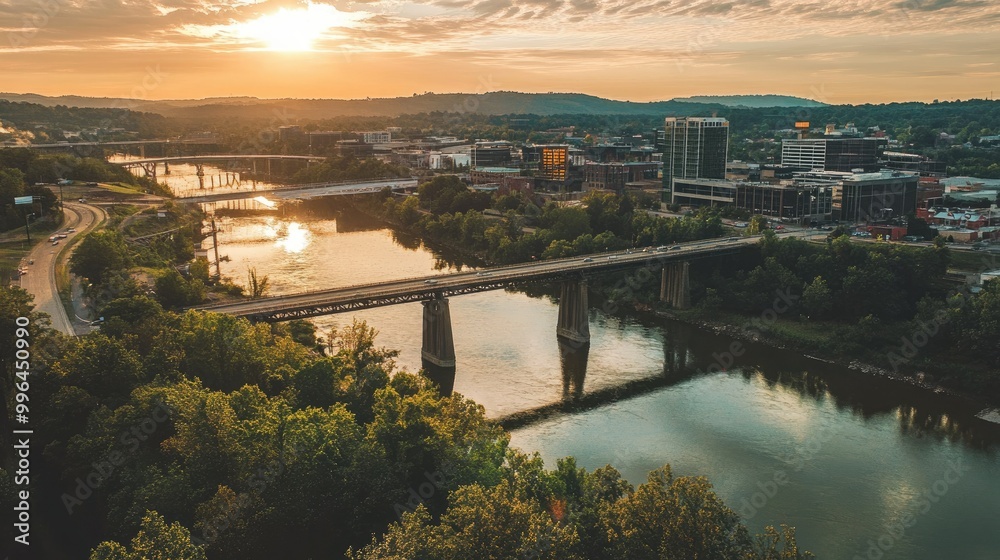 A bridge spanning a river in a bustling city seen from above, with room for text. A bridge spanning a river in a bustling city seen from above, with room for text.