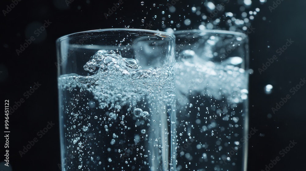 Close-up view of effervescent tablets being dropped into clear water, resulting in dynamic bubbles rising and creating a refreshing visual effect Close-up view of effervescent tablets being dropped into clear water, resulting in dynamic bubbles rising and creating a refreshing visual effect