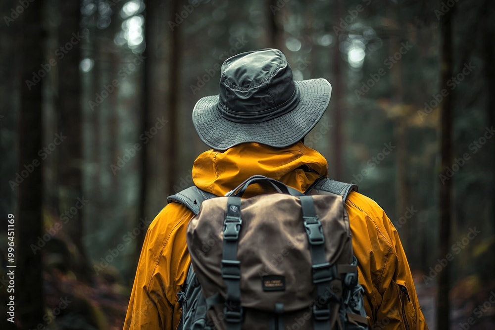 Hiker in the forest wearing military hat and backpack. Adventurer, explorer. Generative Ai Hiker in the forest wearing military hat and backpack. Adventurer, explorer. Generative Ai