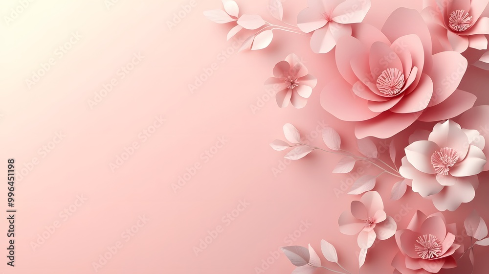 3D paper cut style, pink background with lots of pastel-colored flowers on the side, empty space for text 3D paper cut style, pink background with lots of pastel-colored flowers on the side, empty space for text