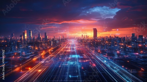 AI urban planning, futuristic cityscape, digital networks, advanced technology