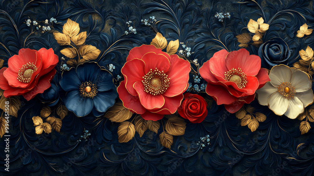 A bouquet of colorful flowers on a dark blue background. A bouquet of colorful flowers on a dark blue background.