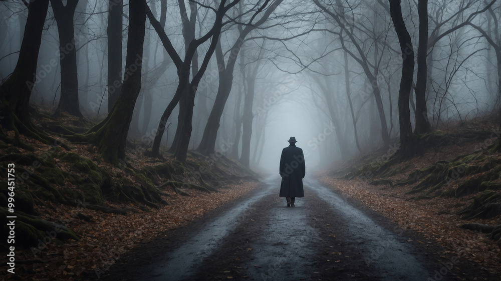 Person walking down a foggy forest path, surrounded by bare trees, creating a mysterious atmosphere. Person walking down a foggy forest path, surrounded by bare trees, creating a mysterious atmosphere.