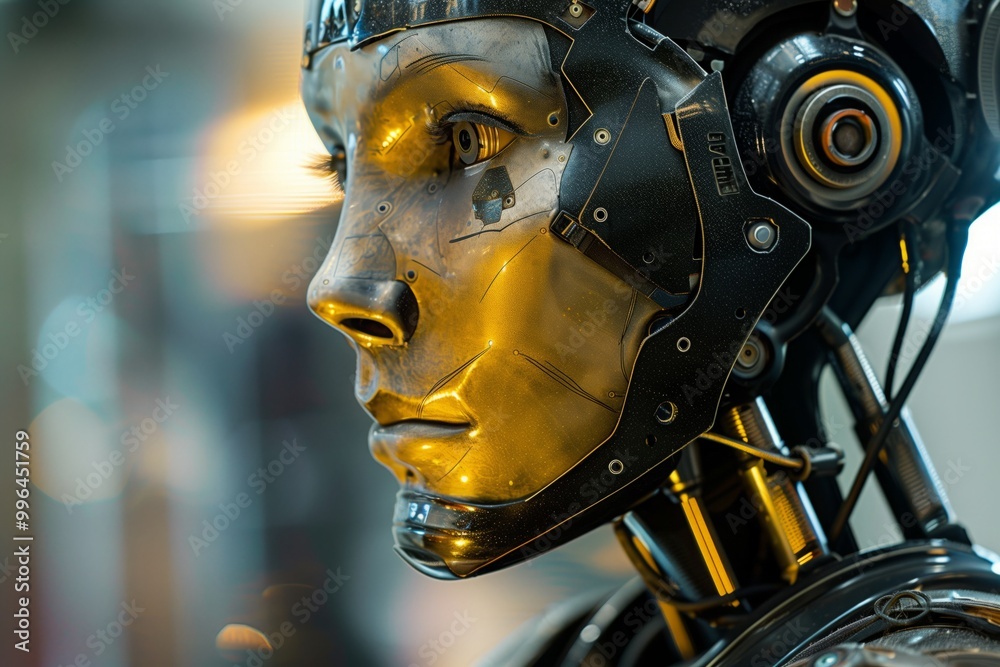 Fototapeta premium A robot with a gold face and black body