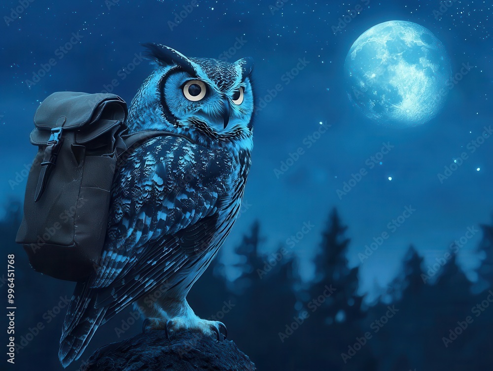 Owl with a rucksack climbing a moonlit mountain, dark forest below, wise and mystical, starry sky Owl with a rucksack climbing a moonlit mountain, dark forest below, wise and mystical, starry sky