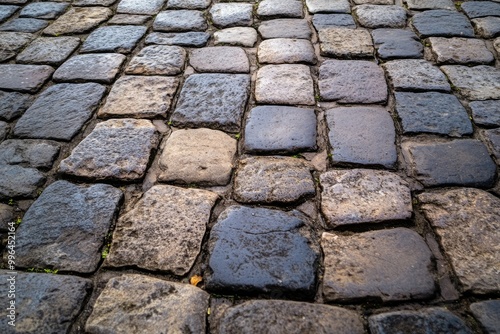 Cobblestone street texture, with uneven stones and weathered surfaces
