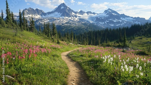 A mountain trail winding through alpine meadows, with snow-capped peaks in the background and space for text.