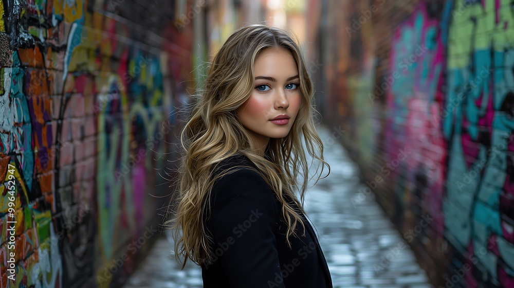 Stylish Young Woman in Urban Alleyway with Graffiti Walls Stylish Young Woman in Urban Alleyway with Graffiti Walls