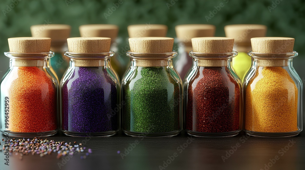 A vibrant display of colorful spice jars arranged in a row, showcasing an array of spices with cork lids, ideal for culinary inspiration. A vibrant display of colorful spice jars arranged in a row, showcasing an array of spices with cork lids, ideal for culinary inspiration.