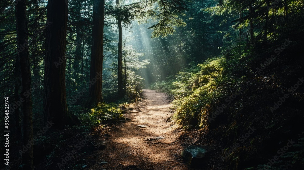 Obraz premium A narrow hiking trail through a dense forest, with sunlight filtering through the trees and room for text.