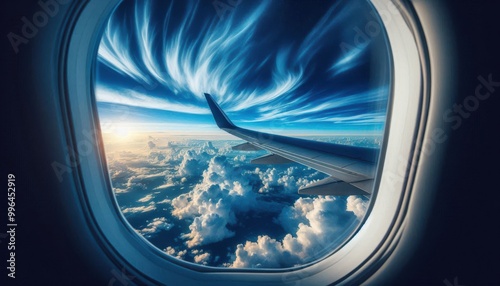 An airplane window showcasing a dramatic sky with swirling clouds and a setting sun..Concept: Beauty of flight, Natural wonders from above, Unique travel moments