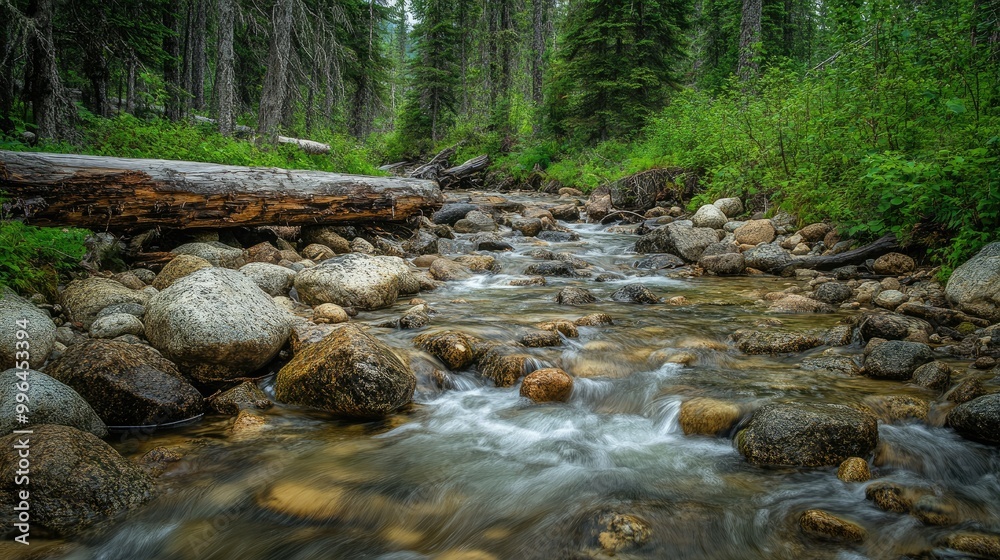 A peaceful forest stream running over rocks and logs, with plenty of space for copy above. A peaceful forest stream running over rocks and logs, with plenty of space for copy above.