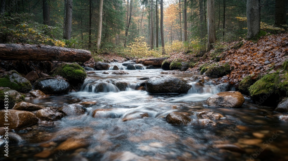 A peaceful forest stream running over rocks and logs, with plenty of space for copy above. A peaceful forest stream running over rocks and logs, with plenty of space for copy above.