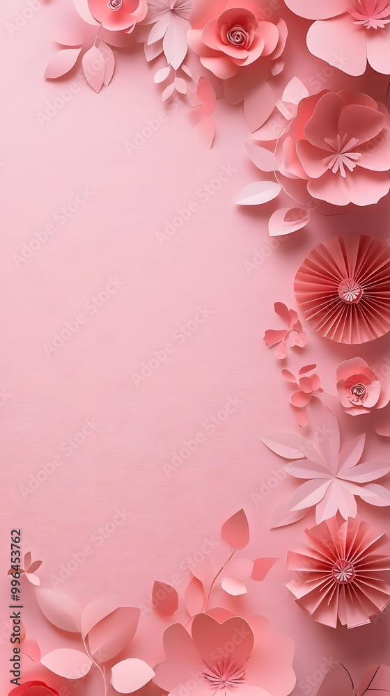 3D paper cut style, pink background with lots of pastel-colored flowers on the side, empty space for text 3D paper cut style, pink background with lots of pastel-colored flowers on the side, empty space for text