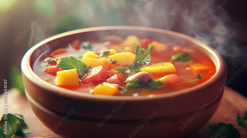 A steaming bowl of colorful vegetable soup, featuring fresh herbs and vibrant ingredients, evoking warmth and comfort. A steaming bowl of colorful vegetable soup, featuring fresh herbs and vibrant ingredients, evoking warmth and comfort.