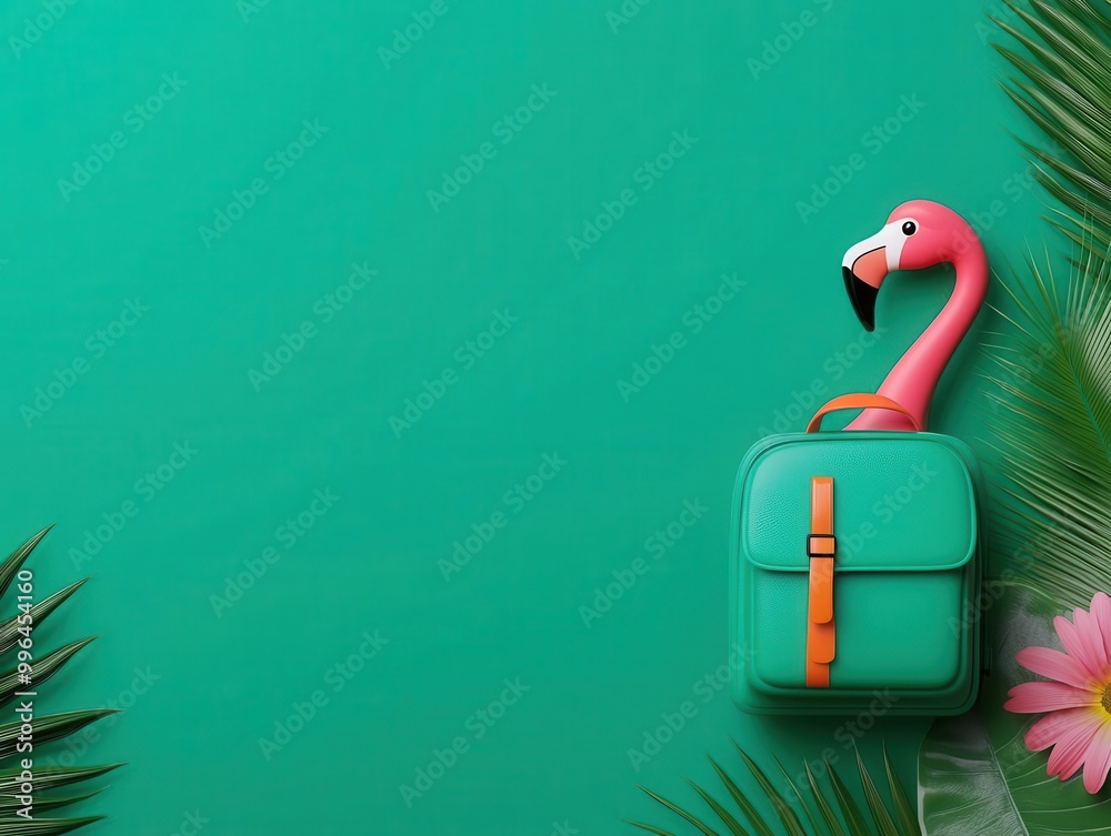 Flamingo with a rucksack climbing a steep tropical hill, vibrant and elegant, lush greenery, bright flowers Flamingo with a rucksack climbing a steep tropical hill, vibrant and elegant, lush greenery, bright flowers