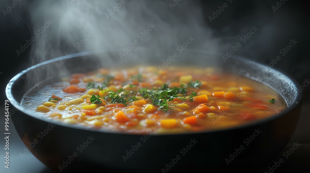 A steaming bowl of vegetable soup, rich in color and texture, garnished with fresh herbs, evokes warmth and comfort. A steaming bowl of vegetable soup, rich in color and texture, garnished with fresh herbs, evokes warmth and comfort.