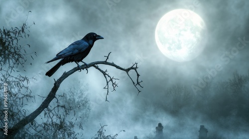 Mysterious Raven on Twisted Branch in Moonlit Graveyard