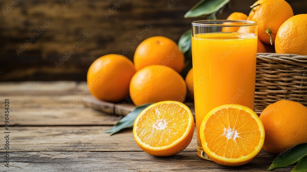 Obraz premium Fresh orange juice in a glass next to a basket of oranges, placed on a rustic wooden table for a natural, healthy setting.