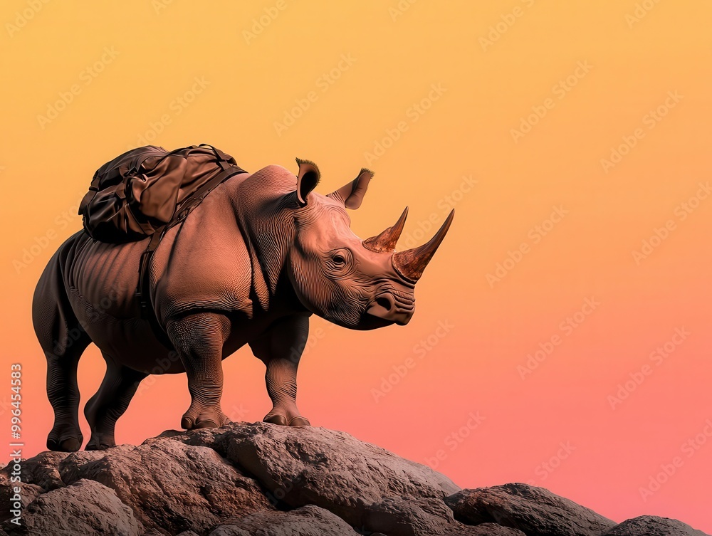 Fototapeta premium Rhino with a rucksack climbing a rocky hill, tough and resilient, rugged landscape, intense sunset
