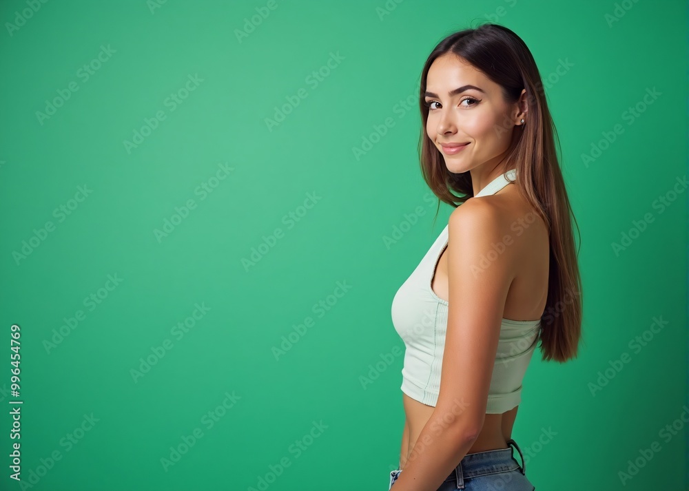 Young woman with confident smile posing against green background with copy space Young woman with confident smile posing against green background with copy space