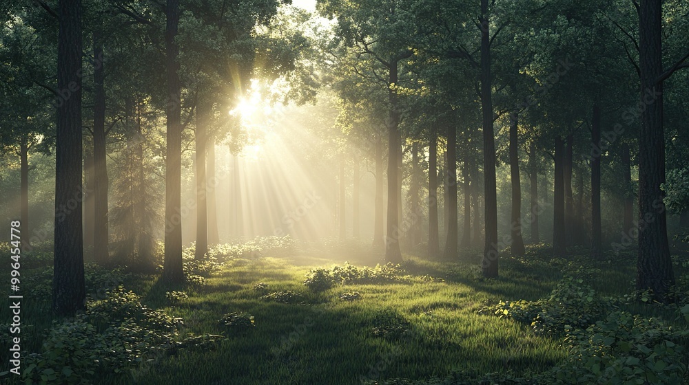 Naklejka premium A sunrise over a quiet forest clearing, with light filtering through the trees and room for copy.