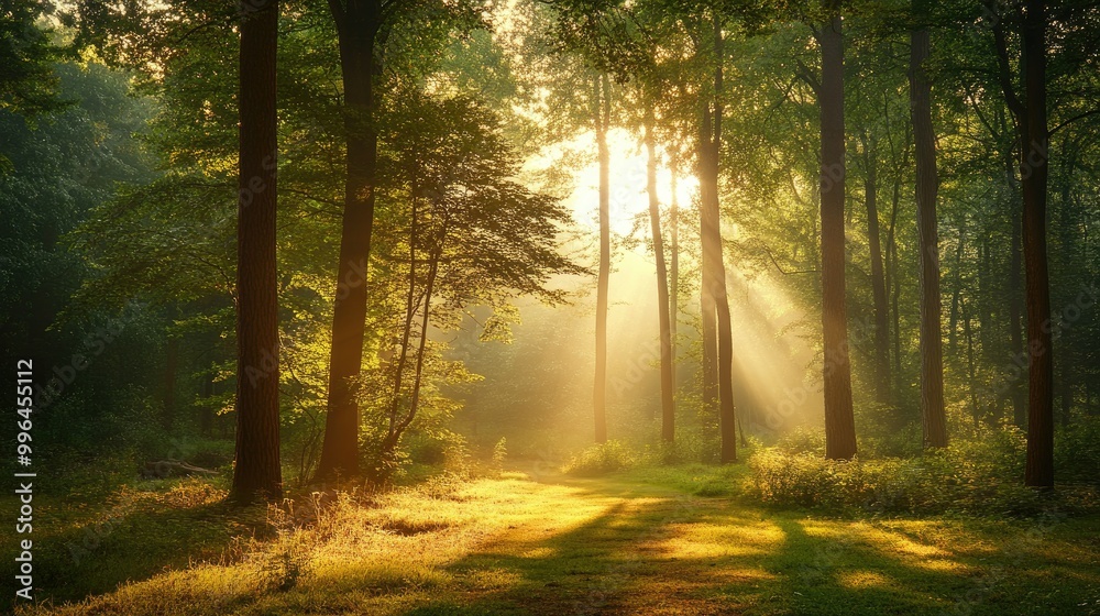 Obraz premium A sunrise over a quiet forest clearing, with light filtering through the trees and room for copy.