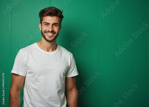 Cheerful Man Smiling Confidently Against Green Background with Copy Space